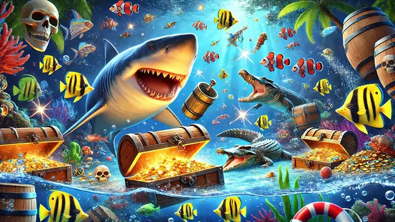 Adegan sasaran ikan dan kendali meriam di layar permainan