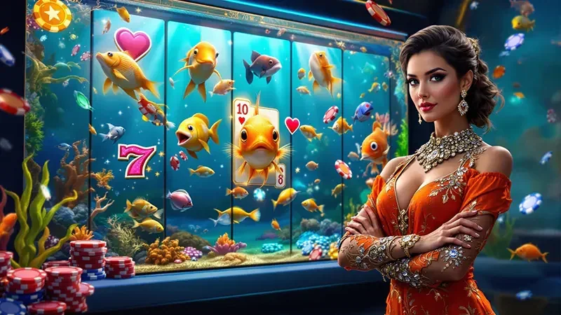 Layar slot digital dengan reel, simbol, dan panel permainan